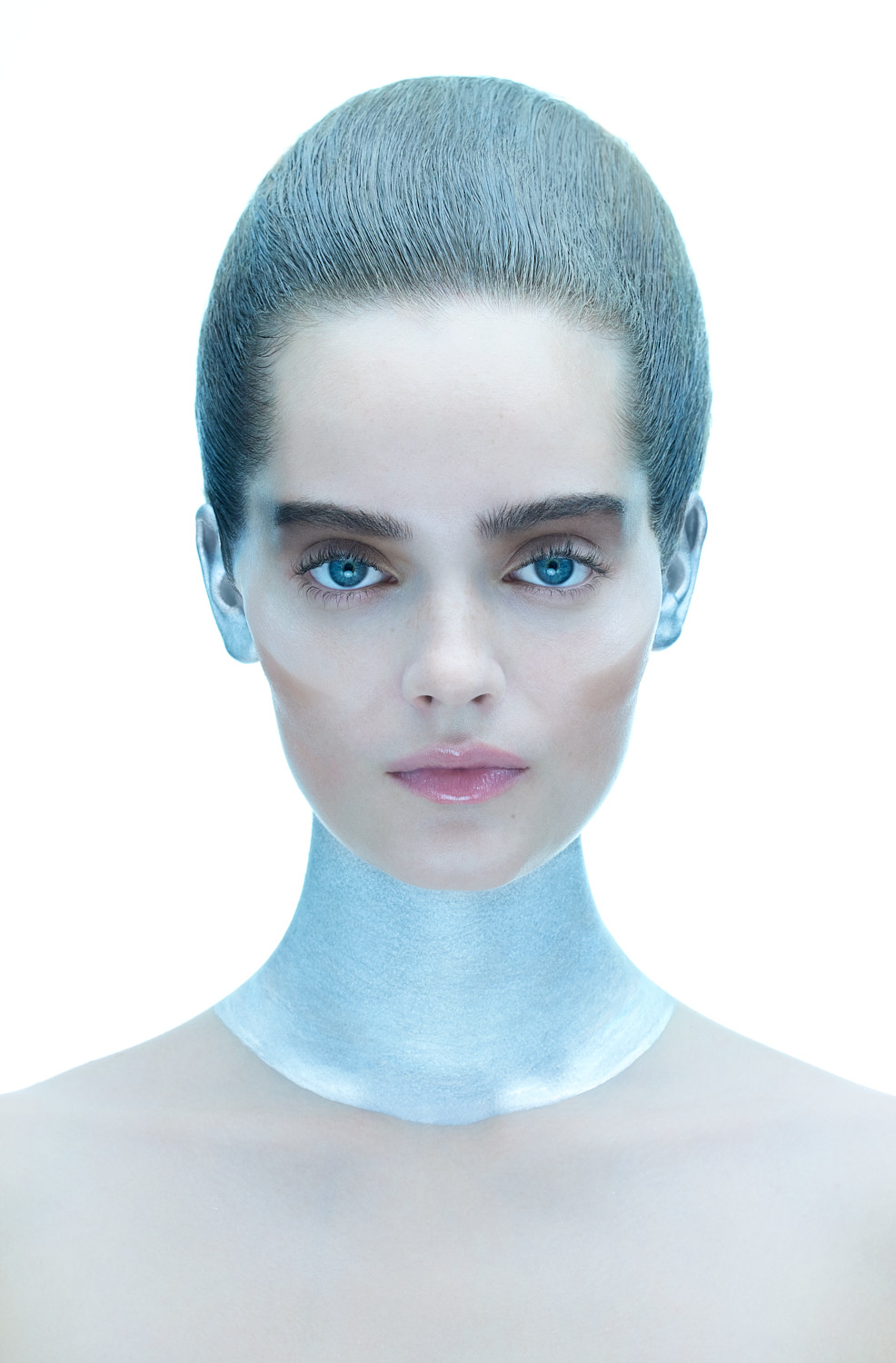 Close-up beauty portrait with metallic silver makeup by New York beauty photographer Vikram Pathak