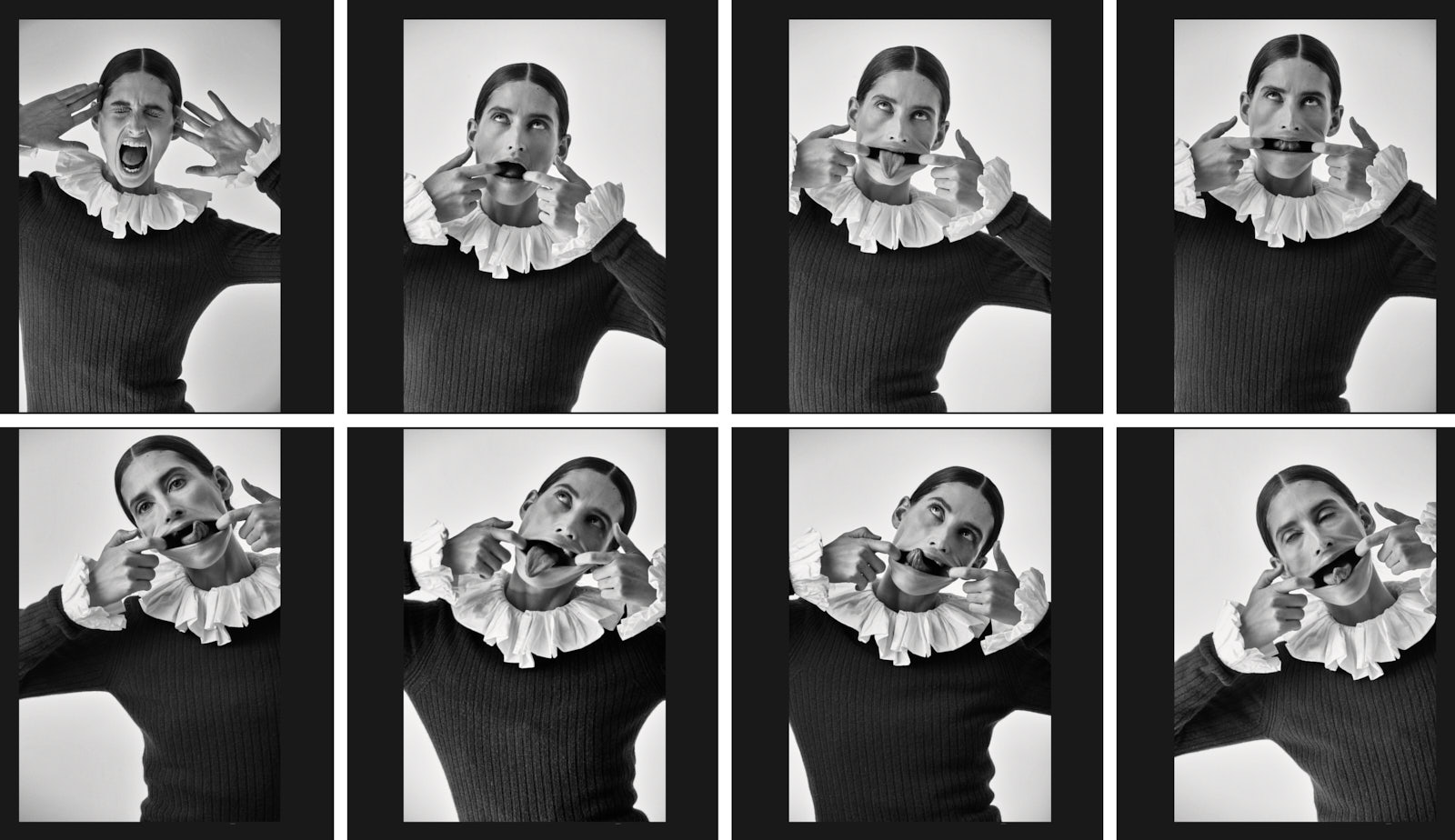Model in avant-garde black and white portraits making expressive faces during NYC fashion photoshoot