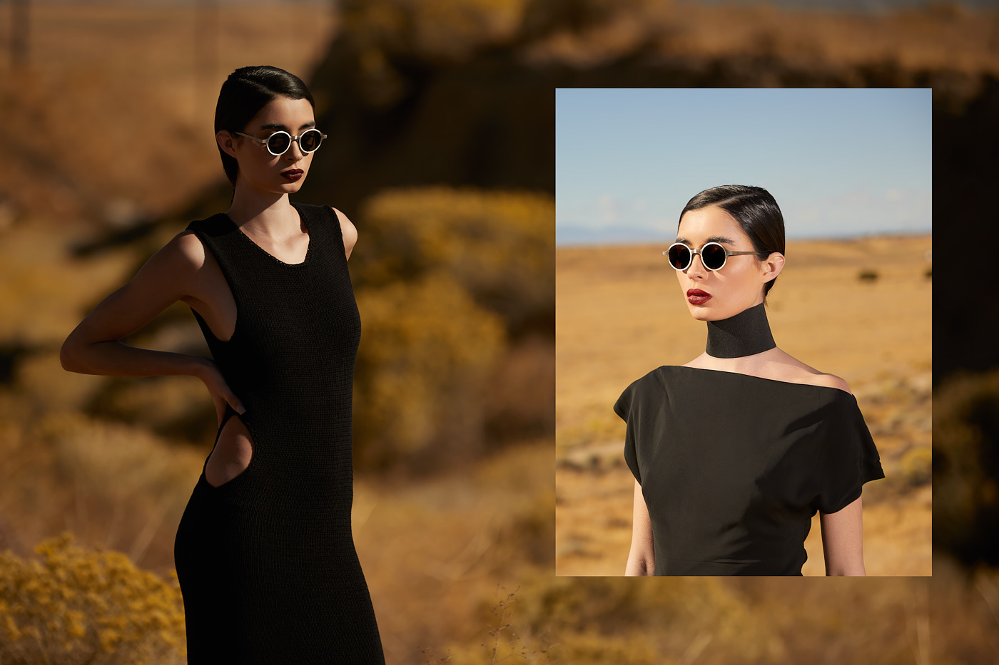 Fashion model in black gown with round sunglasses photographed in desert editorial by Vikram Pathak