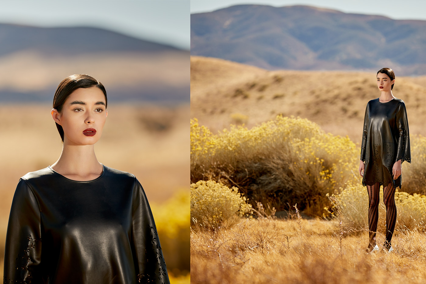 Model in black leather dress posing in desert landscape, photographed by New York fashion photographer Vikram Pathak