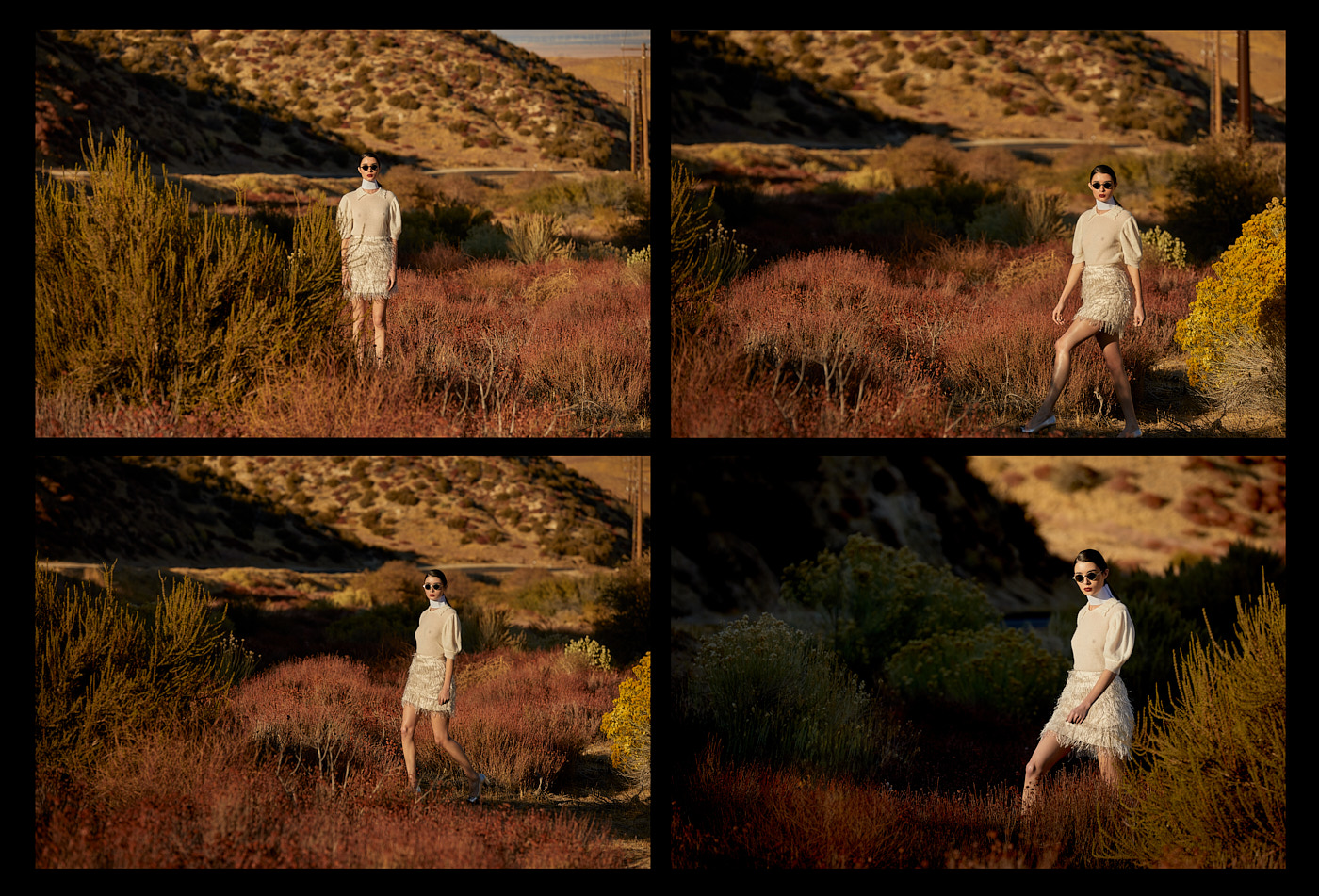Model in feather skirt and sunglasses walking through desert terrain in editorial by Vikram Pathak