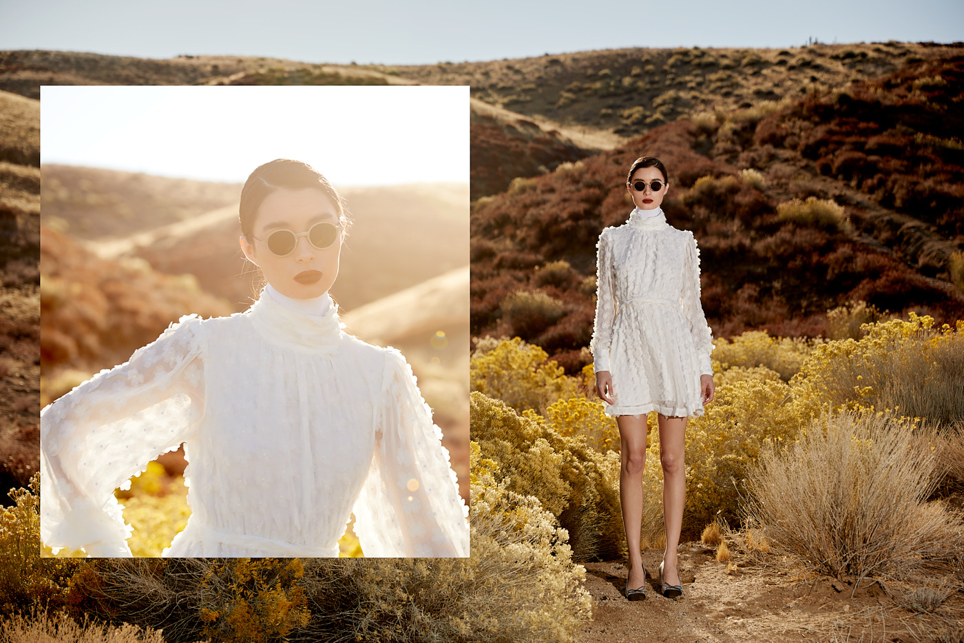 Model in white long-sleeve dress photographed in desert sunlight by Vikram Pathak