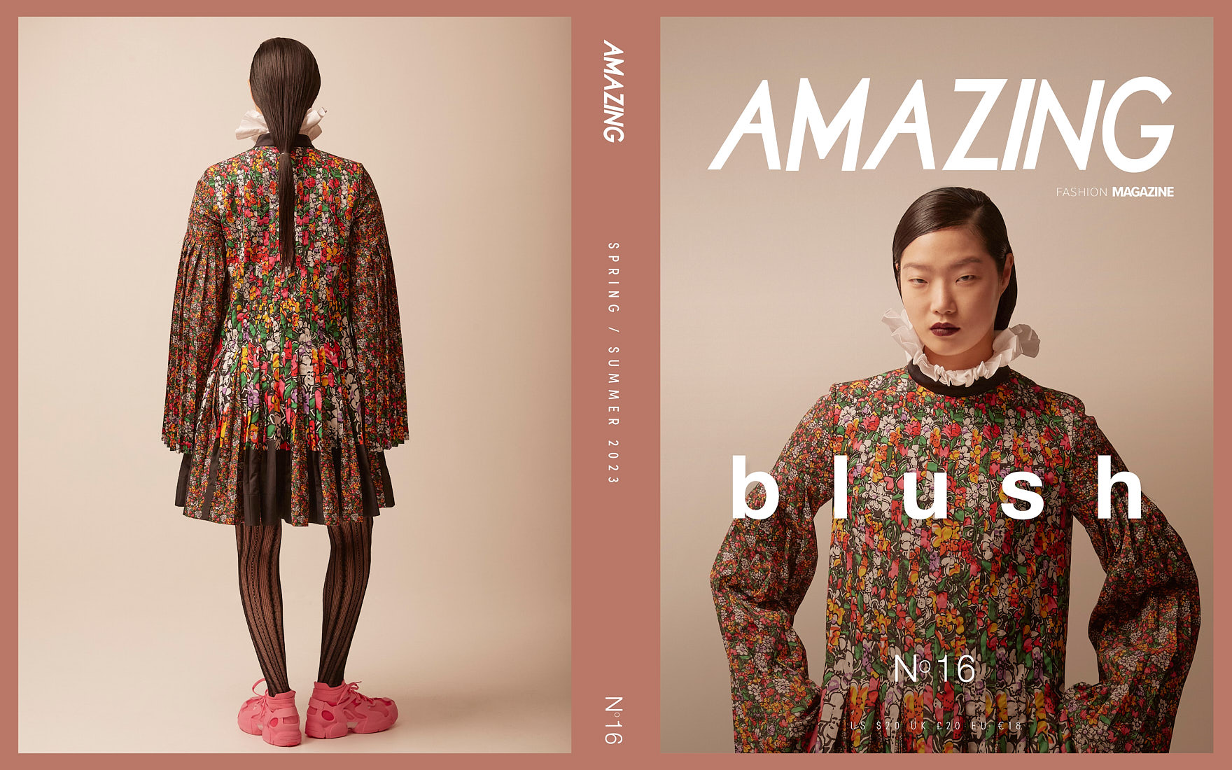 Fashion magazine cover featuring model in floral SACAI dress, photographed by Vikram Pathak.