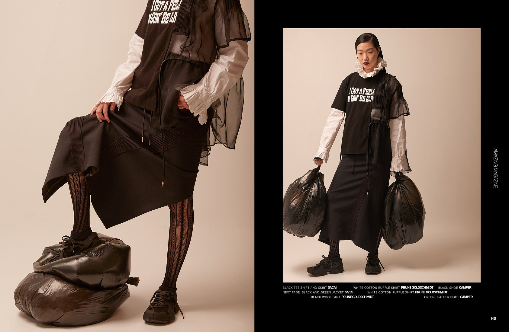 Studio fashion editorial featuring SACAI black tee and layered ruffle shirt, styled with black Camper shoes.