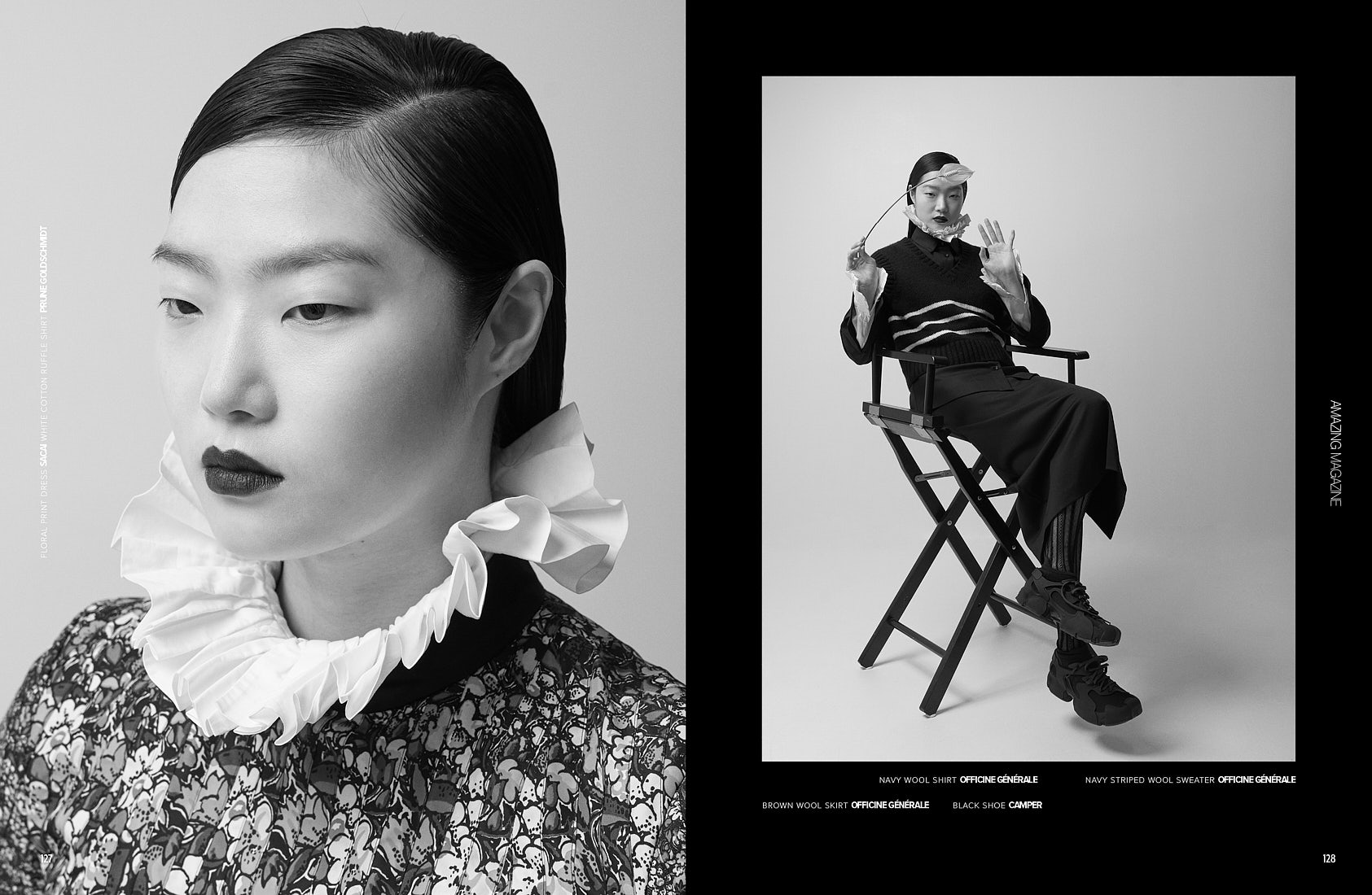 Monochrome portrait and studio scene featuring structured ruffle collars and minimalist styling.