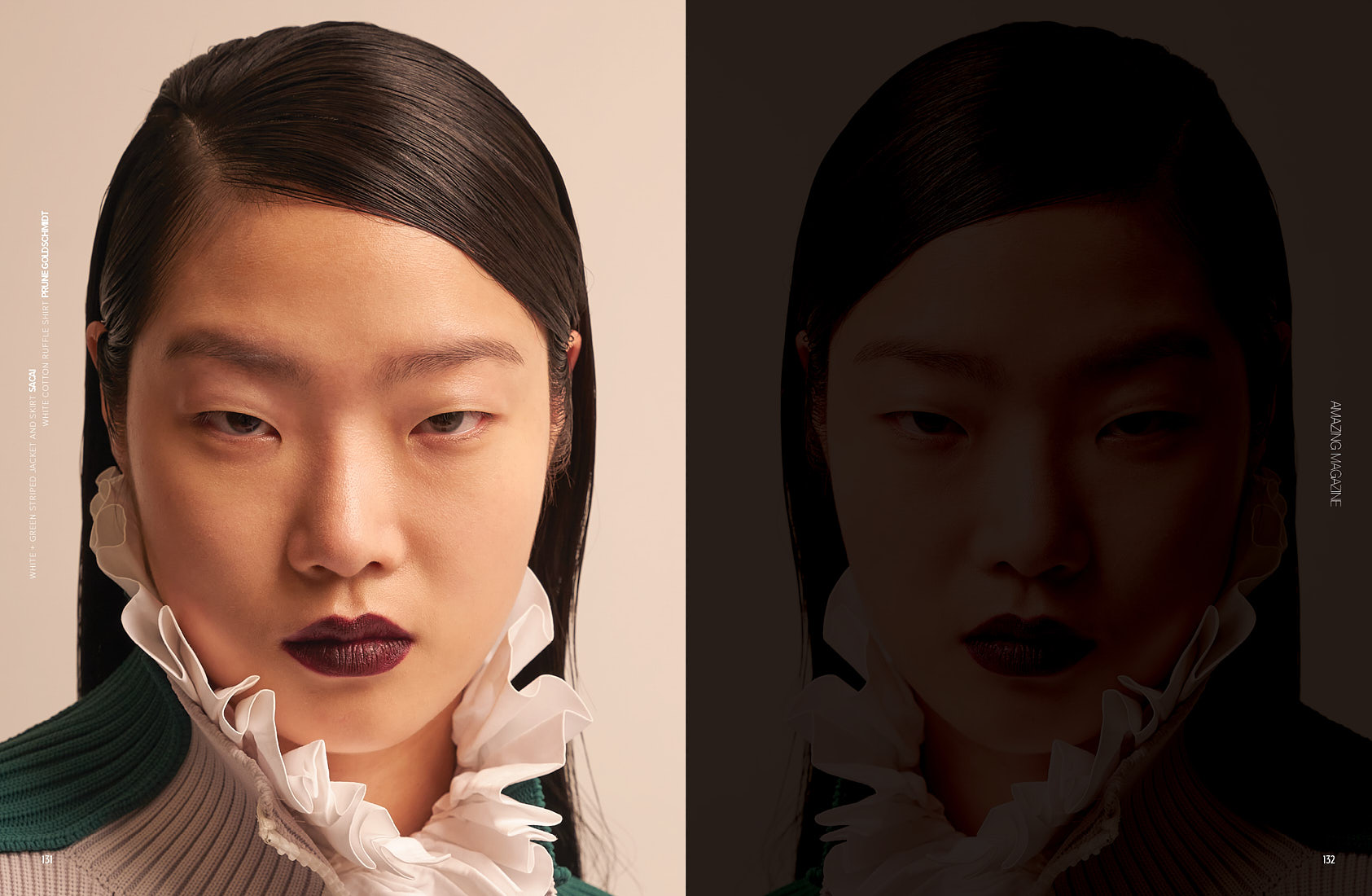 Close-up fashion portrait emphasizing natural skin texture, deep lipstick, and soft lighting.