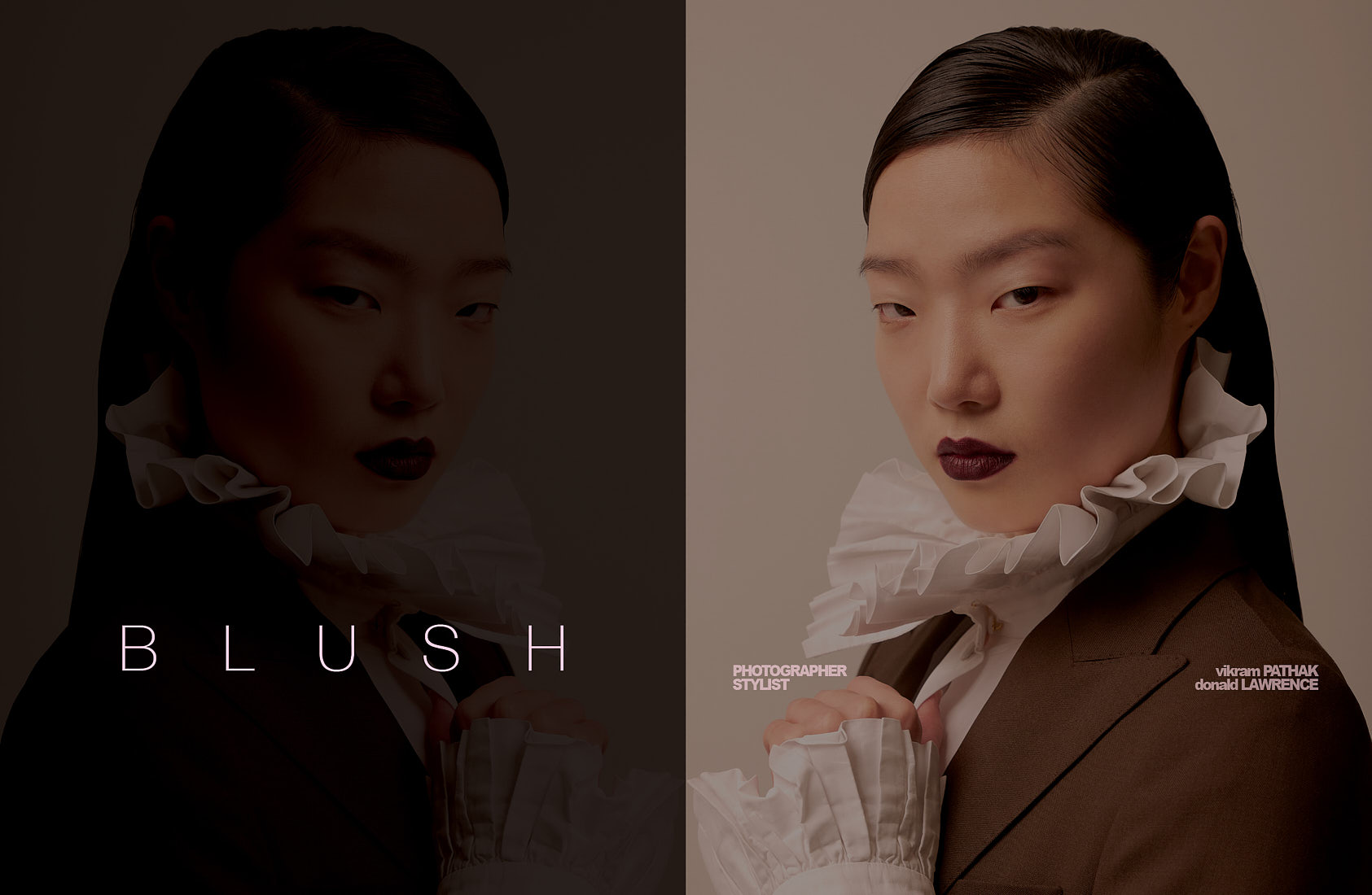 Editorial beauty portrait featuring bold lips and ruffled white collar, photographed by Vikram Pathak.