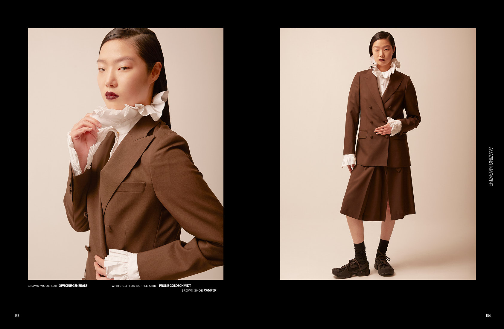 Studio editorial featuring brown wool suit and ruffle collar shirt styled by Donald Lawrence.