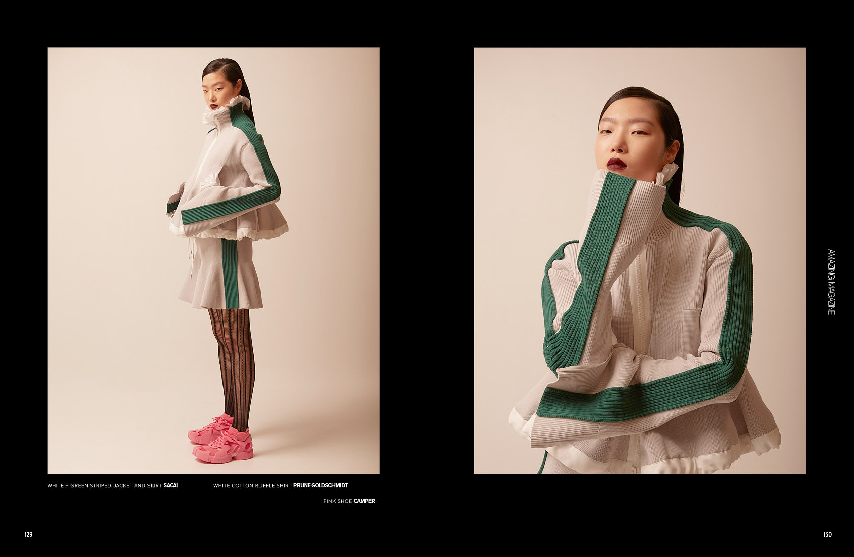 Editorial fashion look featuring SACAI’s green-striped jacket and ruffle shirt.