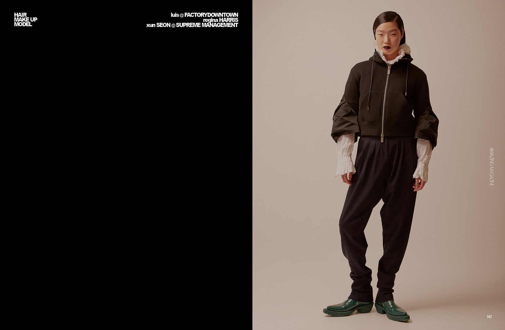 Full-length fashion editorial portrait featuring cropped hooded jacket, white shirt, and green shoes.