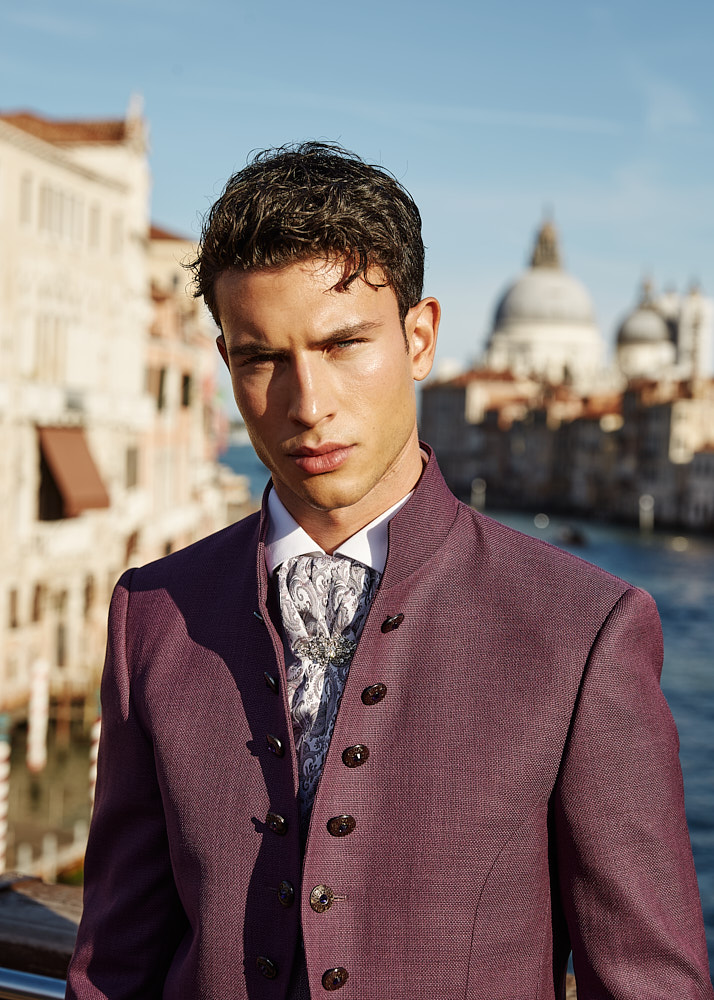 Male model in tailored tuxedo, Venice – photographed by Vikram Pathak NYC fashion photographer